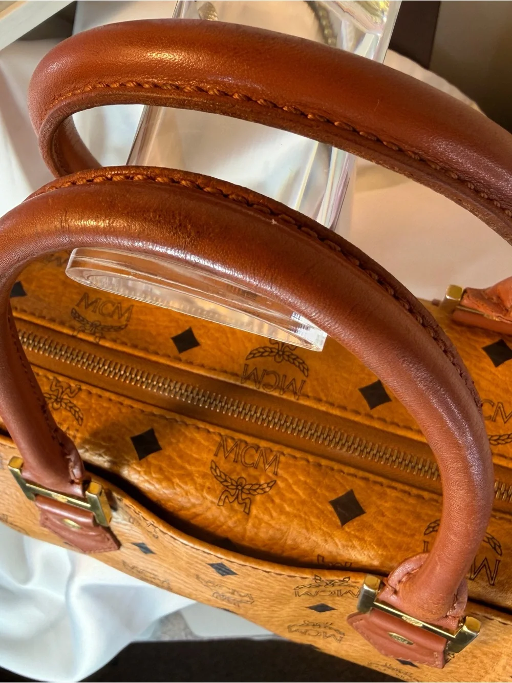MCM Cognac Visetos Satchel with Tan Trim and Gold Hardware